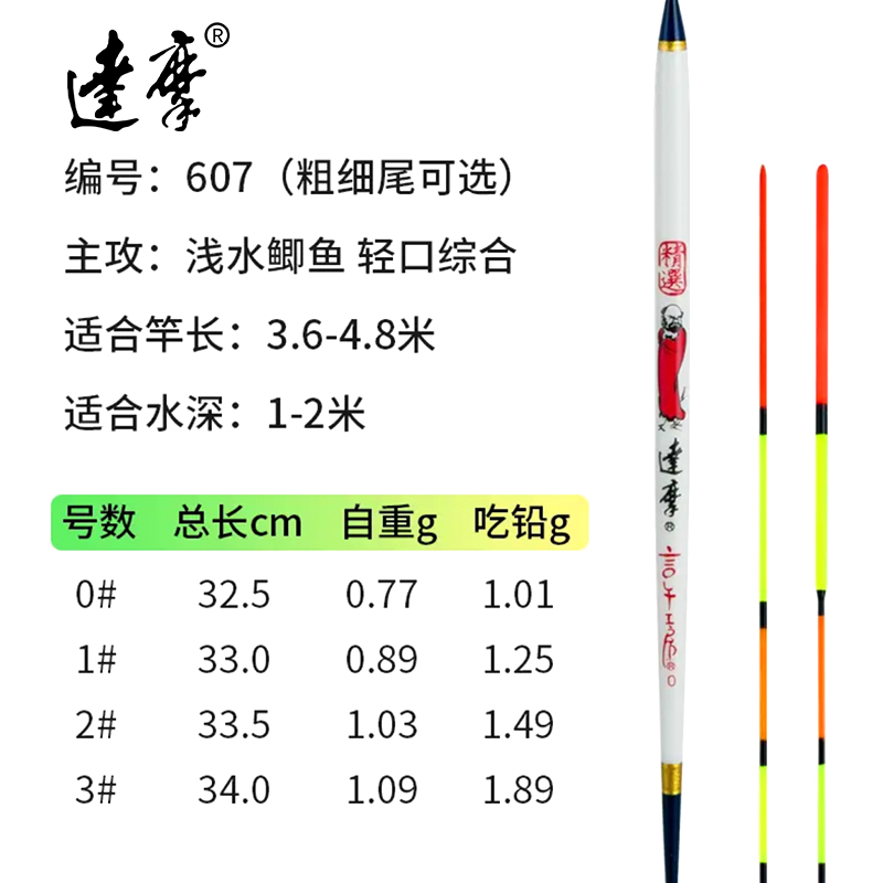 达摩浮漂607轻口鲫鱼漂罗非底钓高灵敏鱼漂醒目长身孔雀羽毛608浮标 607高灵敏轻口(细尾) 0号