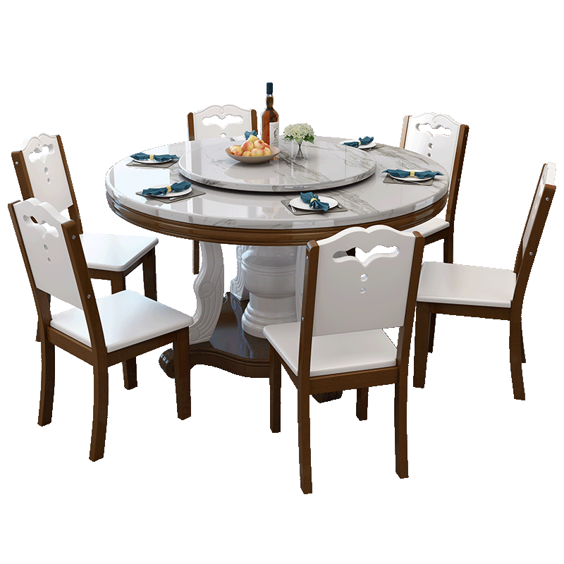 卡洛森餐桌 大理石餐桌圆形带转盘实木餐桌椅组合橡胶木家用饭桌木质10人圆桌 1.3米单桌【送转盘】