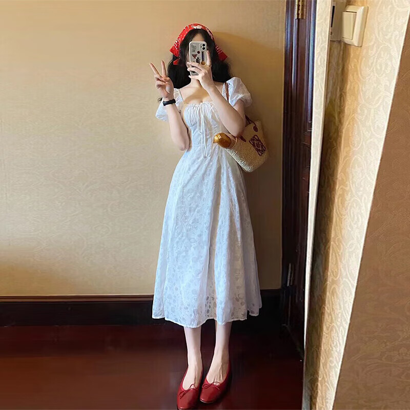 智时代妖娅法式高端方领泡泡袖白色连衣裙子 【白色】 M