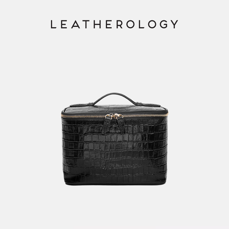 LEATHEROLOGY奥勒吉头层牛皮化妆包女大容量化妆箱便携手提旅行洗漱用品收纳包 黑色鳄鱼纹 中号 | 浅金五金