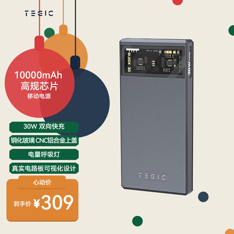 TEGIC BLOCK 30冰格充电宝黑色30W移动电源10000毫安时/mAh大容量便携双向PD快充适用于苹果15