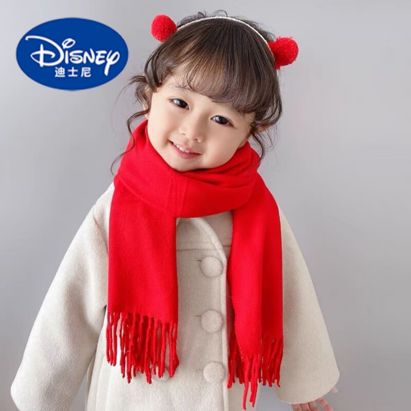 迪士尼（Disney）儿童围巾秋冬加厚保暖围脖格子男女童毛球幼儿围脖冬流苏宝宝围巾 毛球款-驼色细格