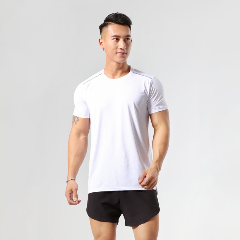 夏季男士健身衣轻薄透气弹力速干衣休闲跑步运动T恤短袖 白色 XXXL