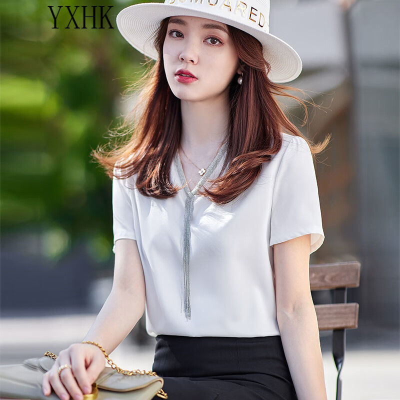 yxhk真丝衬衫女短袖夏品牌女装v领上衣2022年新款流行小衫时尚洋气