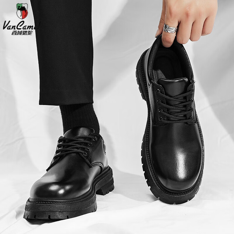 西域駱駝(VANCAMEL)春季男鞋休閑皮鞋英倫風(fēng)工裝勞保工作寬腳大頭馬丁靴低幫登山工地 黑色 40 標(biāo)準(zhǔn)休閑鞋尺碼