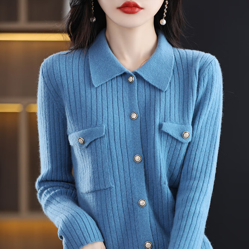 polo领纯羊毛开衫女时尚气质羊毛外套韩版通勤百搭针织衫开衫 青兰色