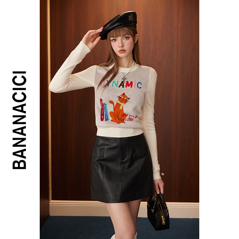 banana cici2024年秋季新款原创BC猫咪系列提花长袖套头针织衫C243MY112 白色 XL