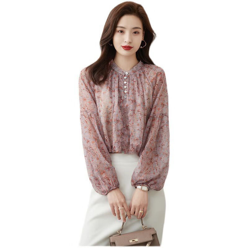 浮泽气质灯笼袖雪纺衬衫女早春新款宽松短款长袖洋气小衫花色5458