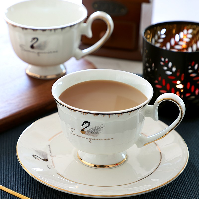 欧式创意咖啡杯碟套装小奢华 简约咖啡杯情侣杯英式红茶杯家用马克水杯 天鹅湖 杯碟一套