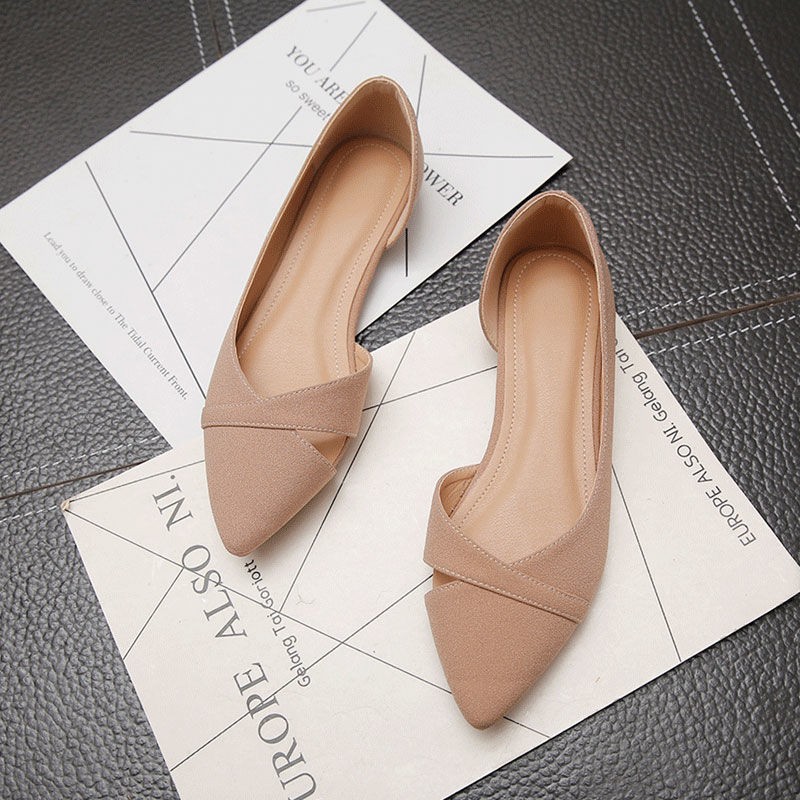 vipaogsd 单鞋女平底鞋鞋子百搭浅口尖头社会软底防滑豆豆鞋子女 杏色