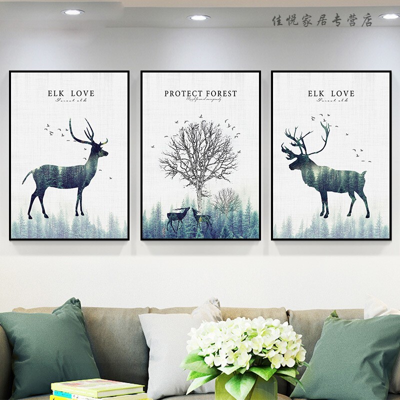 挂图客厅装饰画北欧风沙发背景墙挂画现代简约三联画卧室餐厅壁画麋鹿