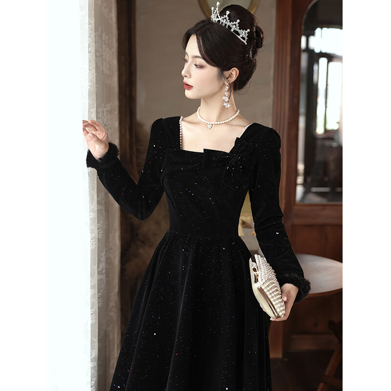 汇汇茵艺考礼服音乐生钢琴冬季晚礼服黑色法式晚女感年会宴会毛袖主持