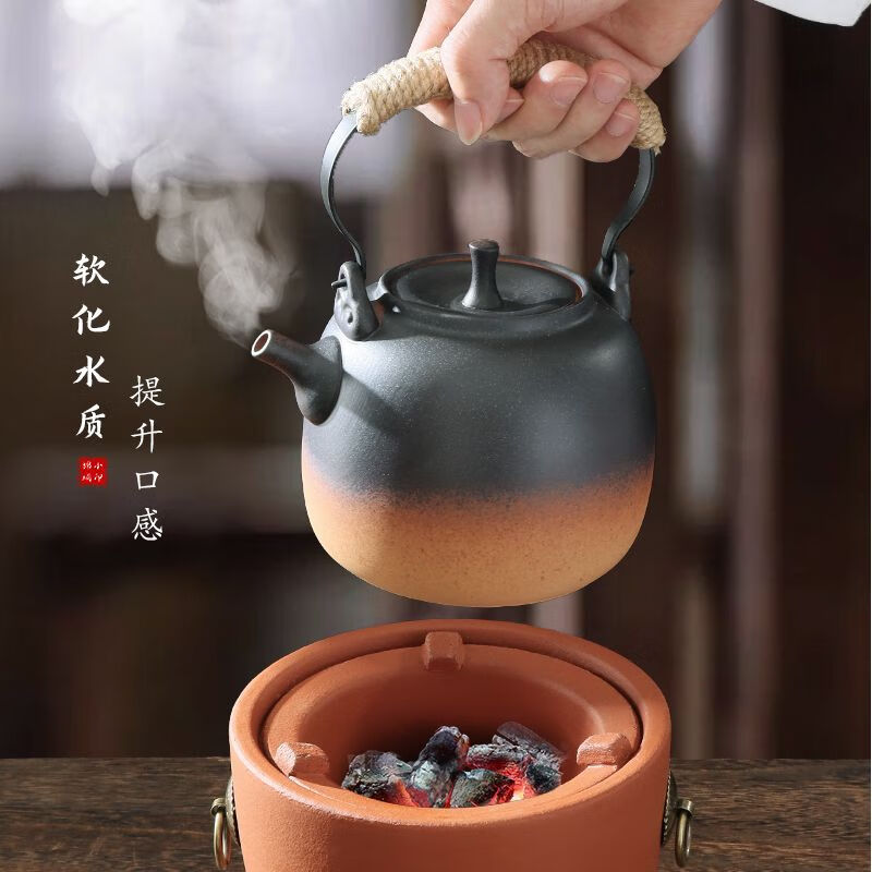 棉小城潮州明火陶壶提梁壶耐热加厚煮黑茶烧水陶瓷壶大容量复古泡茶壶 750ml圆满提梁壶+藤垫 750ml
