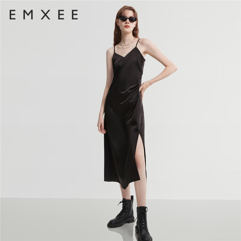 嫚熙（EMXEE）孕妇连衣裙春夏款外穿翻领短袖款女士时尚打底裙 黑色 M