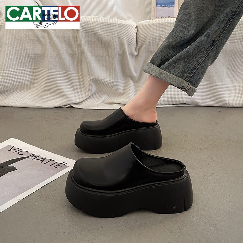 卡帝樂鱷魚（CARTELO）超火厚底包頭半拖鞋女春季外穿一腳蹬2024新款勃肯法式穆勒懶人鞋 黑色 35