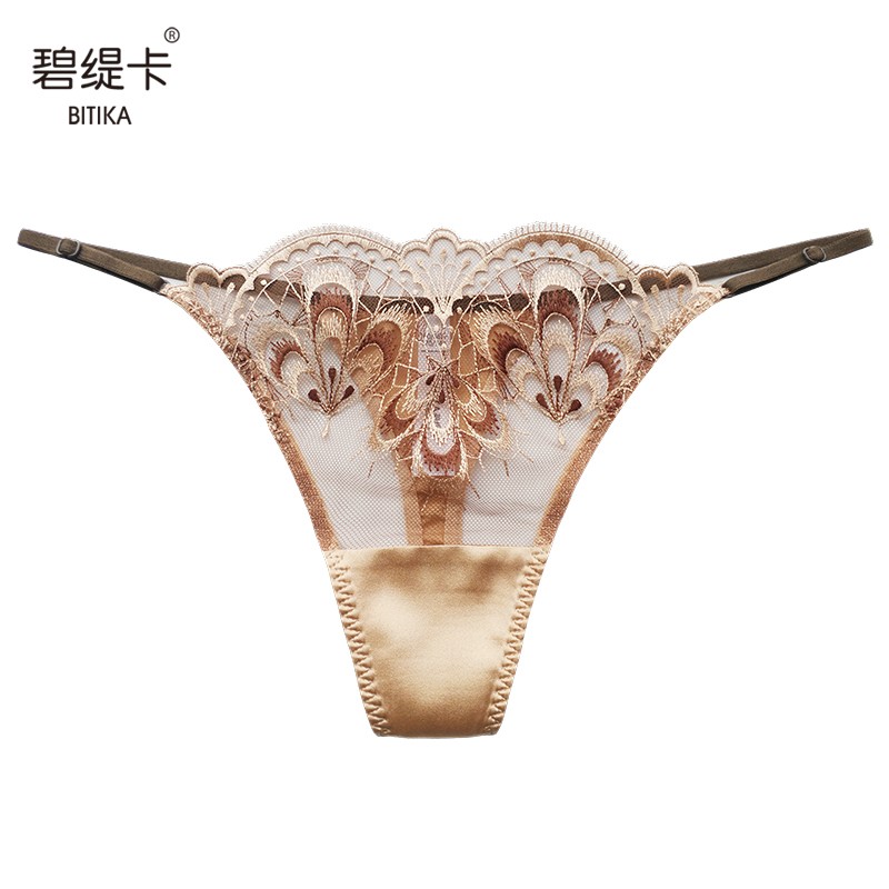 碧缇卡桑蚕丝国风丁字裤女国风蕾丝无痕小裤头低腰细带半透明女士内裤