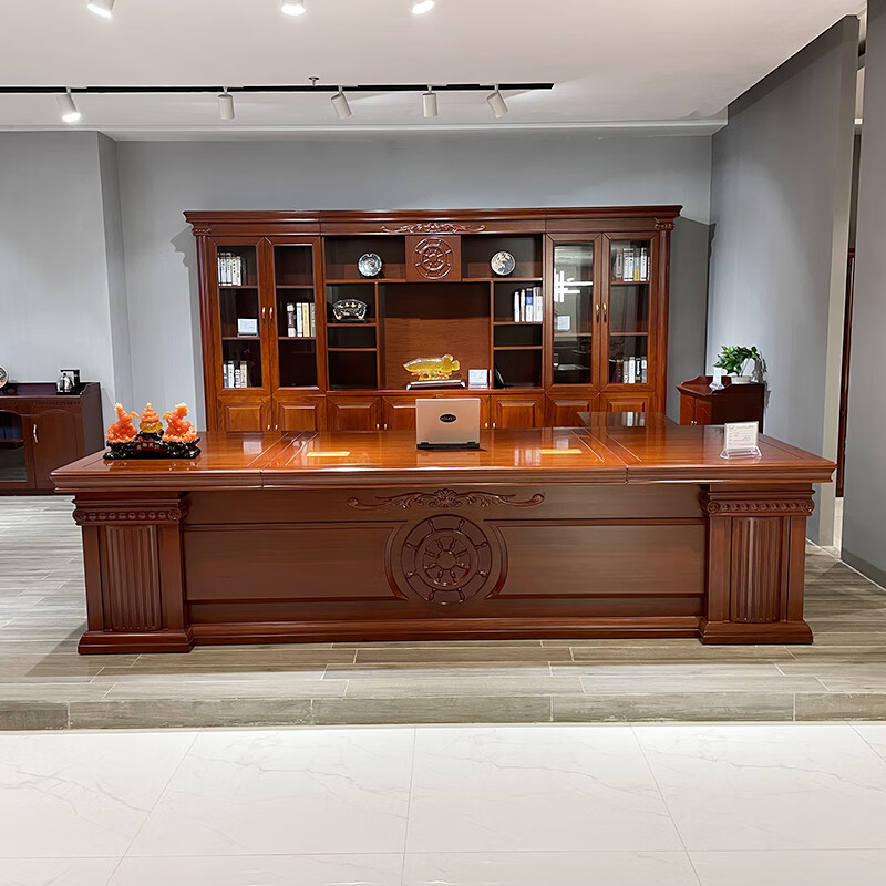 百媛中式油漆大班台红色领导办公桌老板桌大型总裁桌椅组合贴木皮 1.