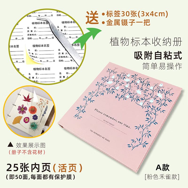 家植物标本干花压花叶收集收纳册学生覆膜粘贴式相册手工 粉色禾雀a款