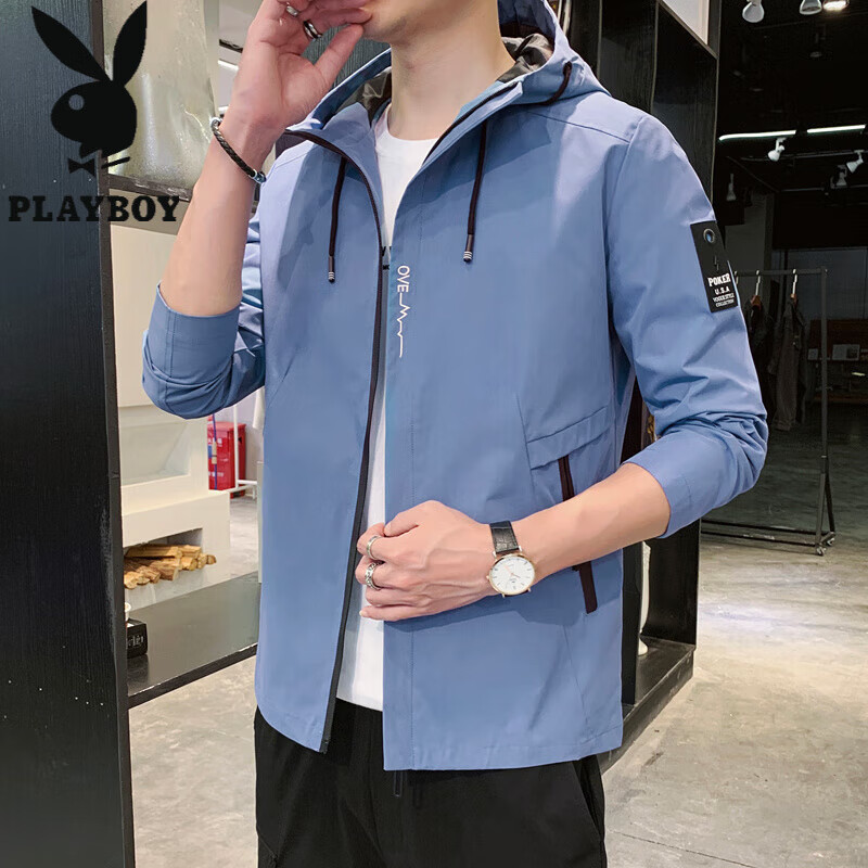花花公子（PLAYBOY）韩版休闲男款夹克2025春秋新款百搭潮流风衣冬季加绒加厚外套男装 黑色 XL