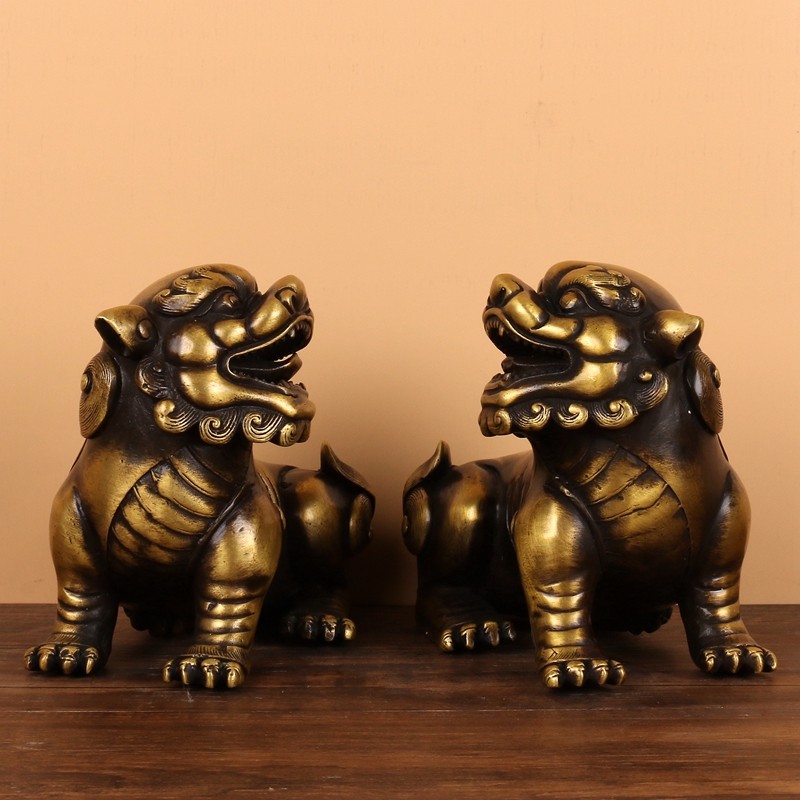 铜魂古匠 黄铜狮子摆件一对复古对狮子卧狮家居客厅办公室书房摆设