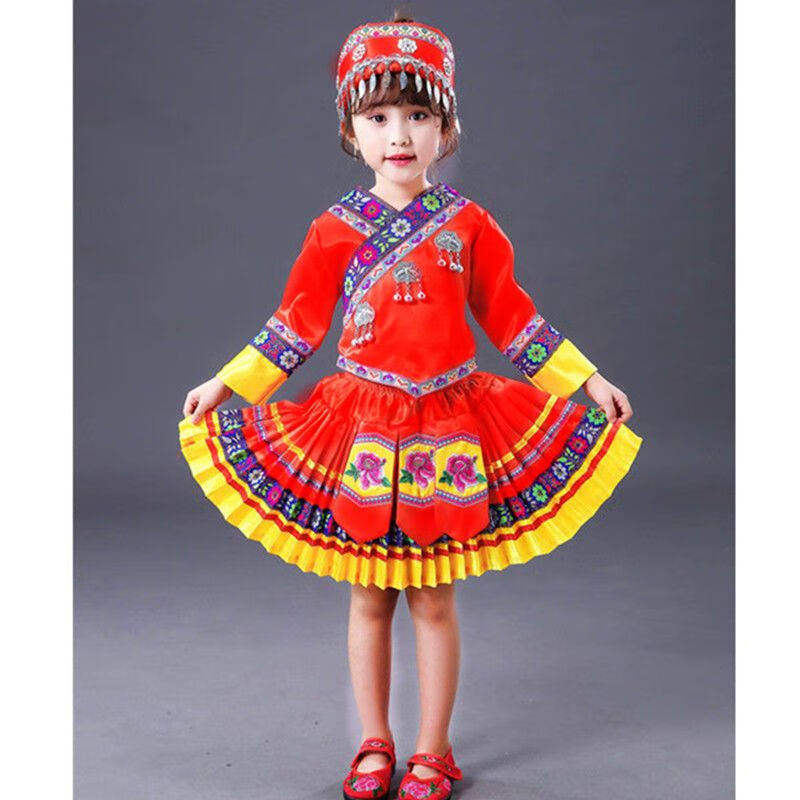 服装男女童傣族彝族舞台儿童壮族表演服 红色 100 适合1-2岁小朋友