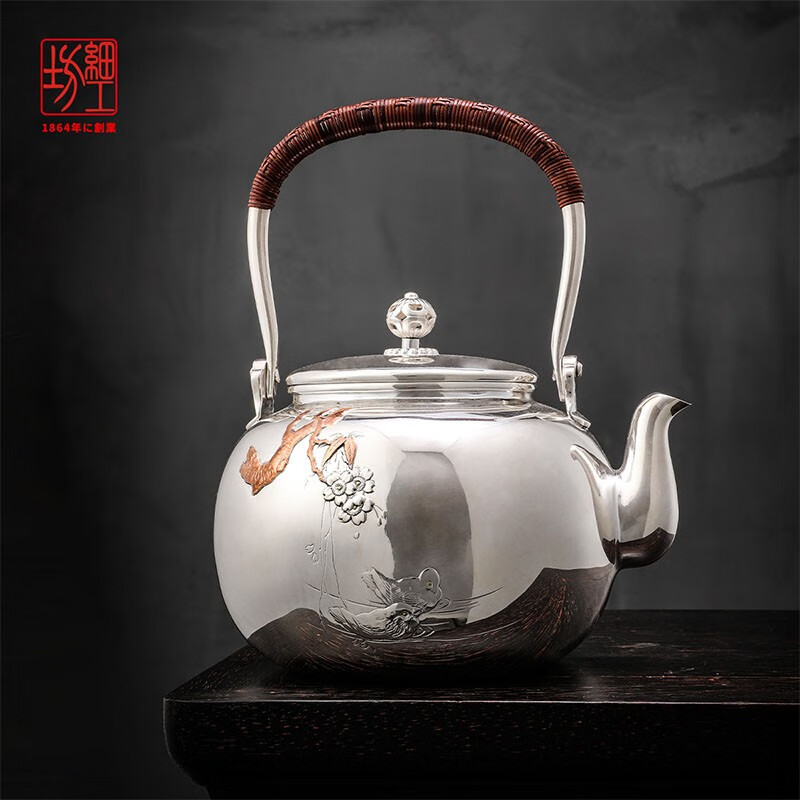细工坊（XIGONGFANG）日本银壶泡茶壶足银9999家用足银茶具一张银口打出鸳鸯戏水亮面 鸳鸯戏水·亮面
