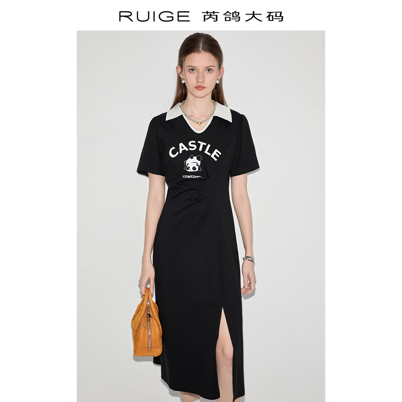 芮鸽大码女装开叉连衣裙2025新款女夏季短袖高级休闲气质收腰时尚裙子 优雅黑 L