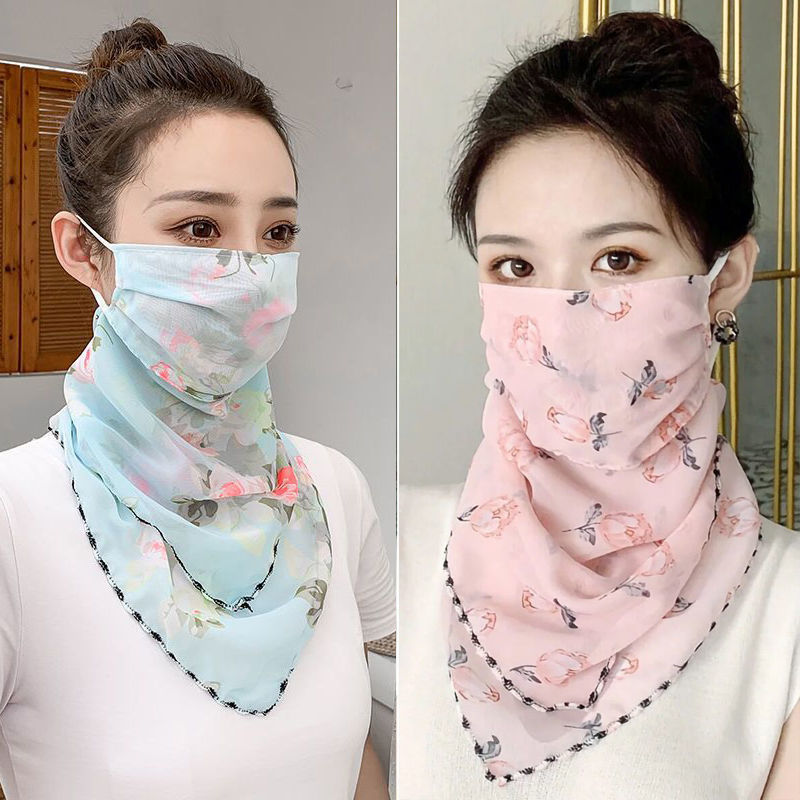 【精选】夏季防晒三角巾丝巾面纱护颈女挂耳薄款遮阳户外面罩卡尼拉