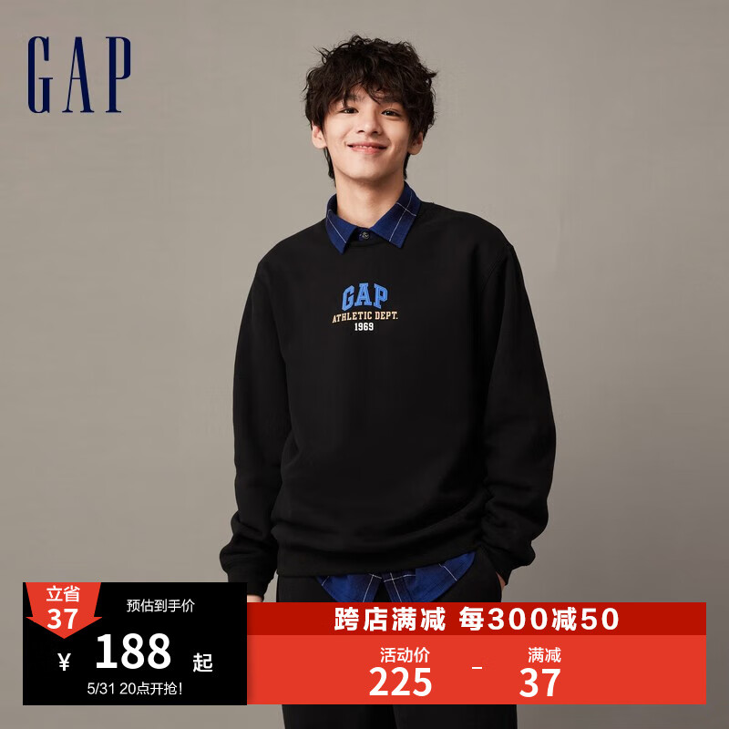 Gap【欧阳娜娜同款】Gap男女装冬2023新LOGO抓绒卫衣841207 黑色 175/96A(L)亚洲尺码