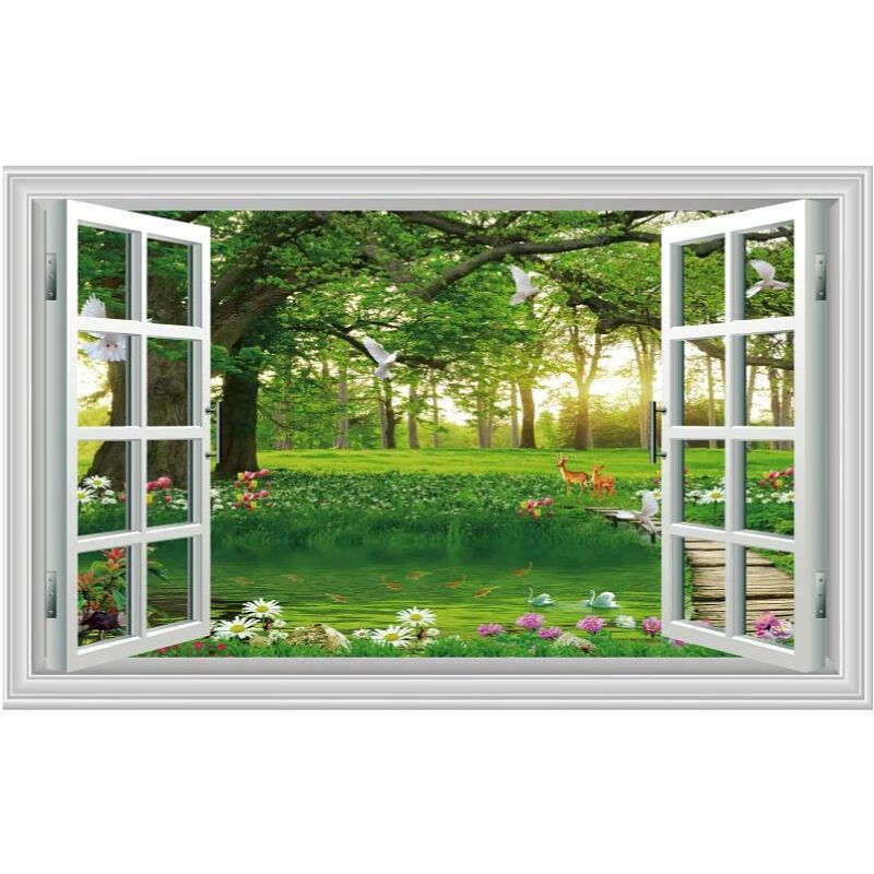 卧室床头自粘墙画 图五窗户小鹿鸽子 左右长150厘米*上下高100厘米