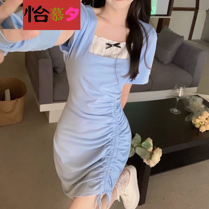 辣风抽绳设计感显瘦连衣裙辣妹网红小姐姐穿搭赫本风轻熟甜辣纯 蓝色
