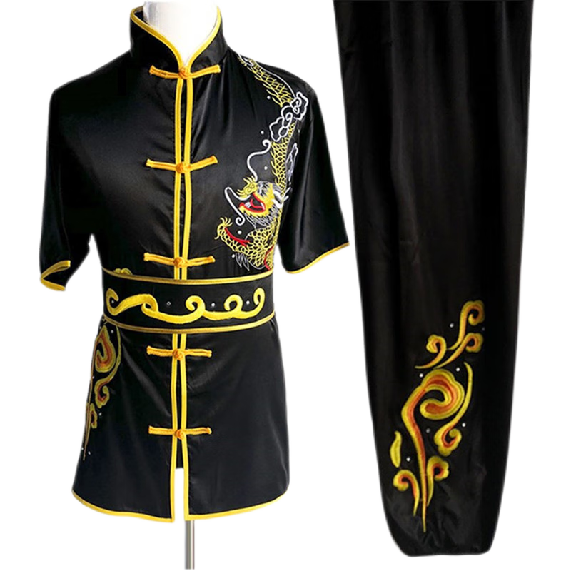 新款武術(shù)服刺繡龍練功服男女亮絲表演比賽演出服兒童長拳南拳服 黑色 S(130)