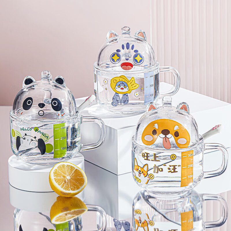 乐唯诗（LOVWISH）卡通玻璃早餐杯牛奶麦片饮料水杯一盖两用 熊猫【水杯350ml+杯盖150ML】