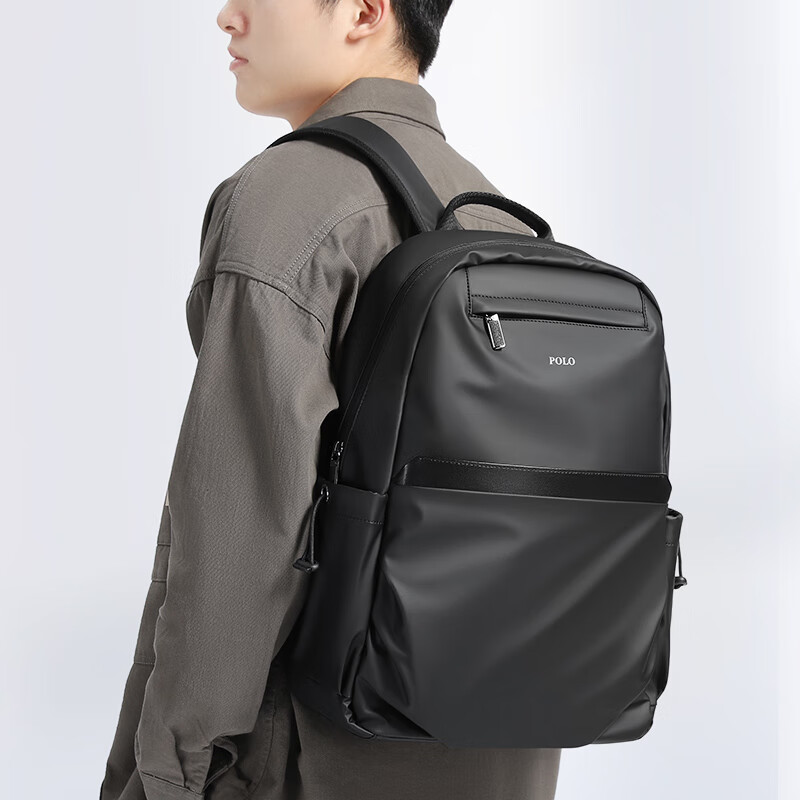 POLO 双肩包男士时尚大容量旅行包15.6英寸商务笔记本电脑包防泼水初中高中大学生背包ZY092P981J 黑色
