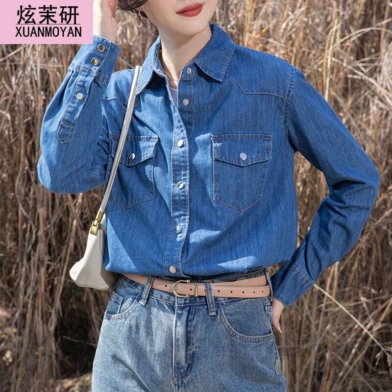 炫茉研蓝色叠穿牛仔衬衫少女春秋装2024新款初中生高中生复古长袖衬衣