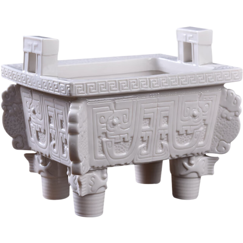 戴玉堂 家用供奉陶瓷四腳香爐 中式線香爐插香爐佛具用品 D77-101C 四角浮雕香爐白色 大號