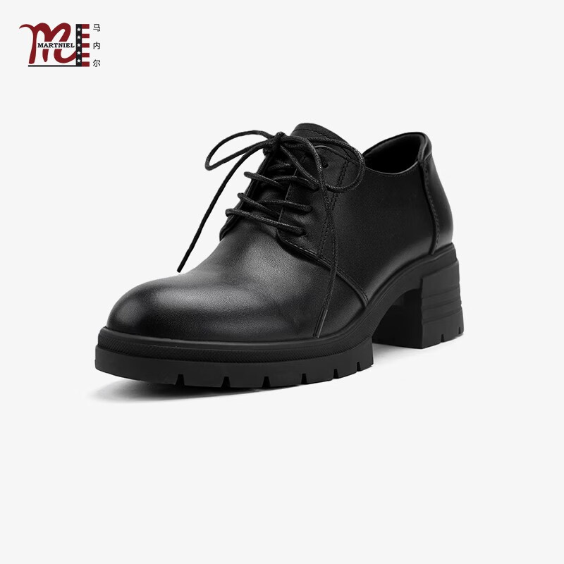 马内尔小皮鞋女商场春夏新款黑色休闲系带粗跟单鞋G25331 黑色 37