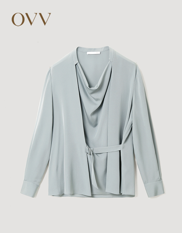 OVV【重磅真丝】OVV2022春夏新款女装22MM双乔荡领收腰休闲衬衫 蓝灰15 L