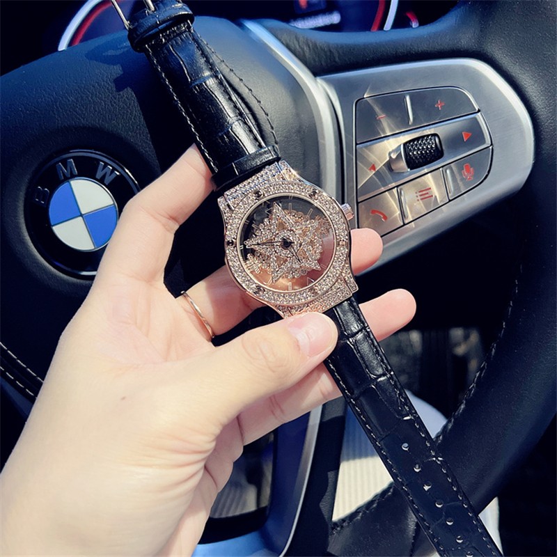 三达五芒星手表女士时来运转轻奢小众雪花女神送礼高级感明星同款腕表 银壳白皮带【镶钻五芒星】