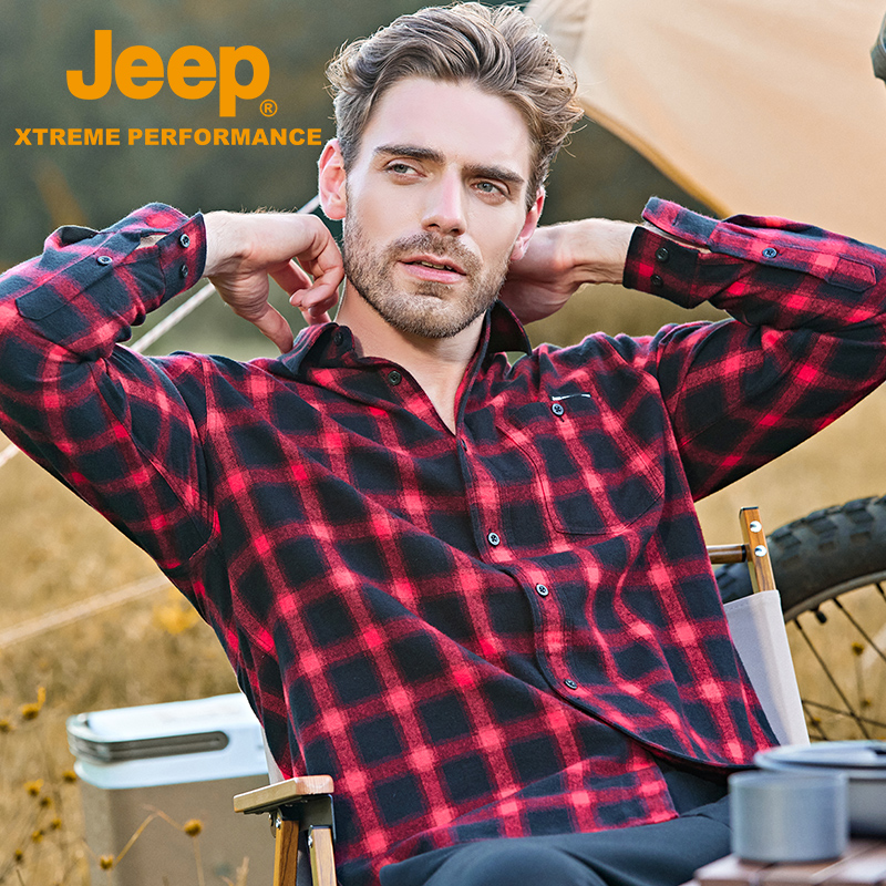 Jeep（吉普）长袖衬衫男户外运动休闲商务外套男格子开衫衣男 中国红 L/175
