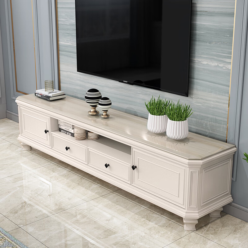 芝易欧式电视柜实木茶几电视柜组合小美式田园电视柜大理石象牙白色简