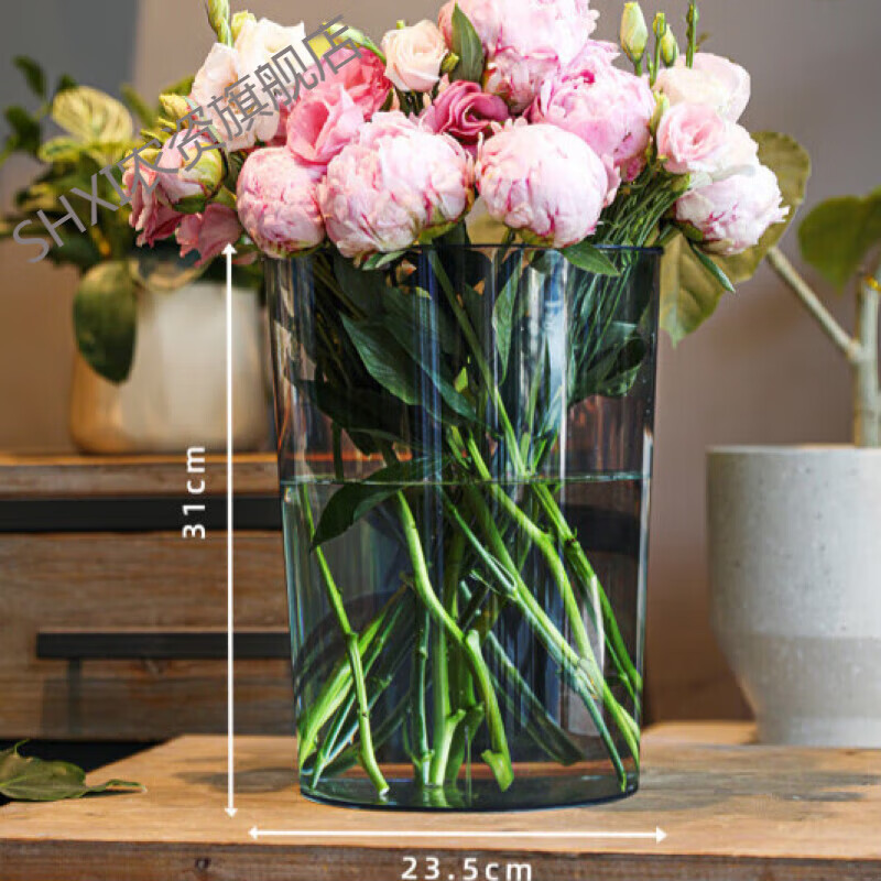 醒花桶家用法式深水花瓶鲜花养花插花花筒塑料亚克力花 特大号透黑款