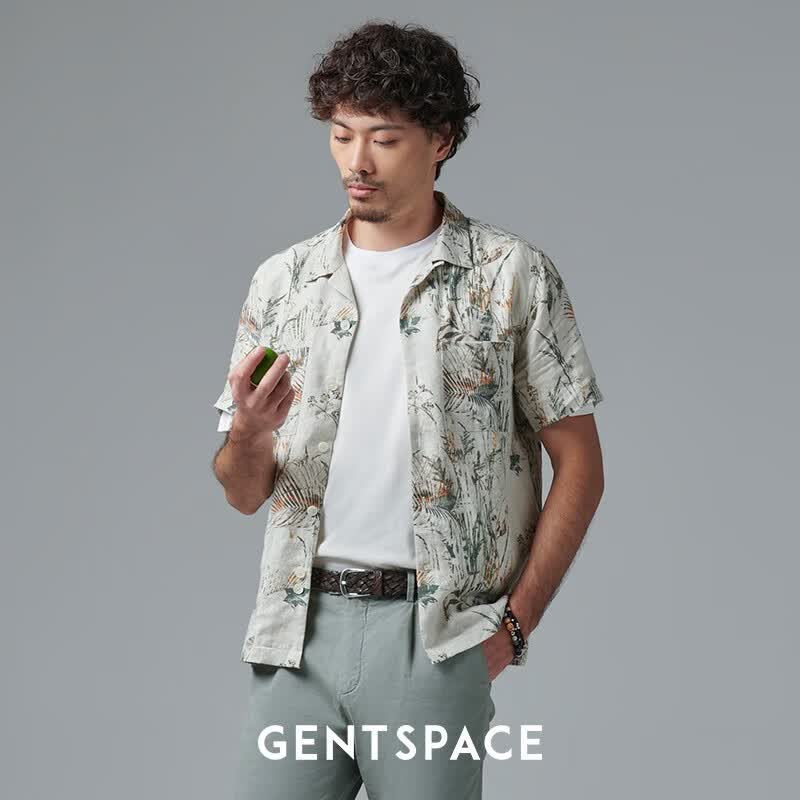 gentspace小翻领短袖花纹复古外穿衬衫 本白色 44