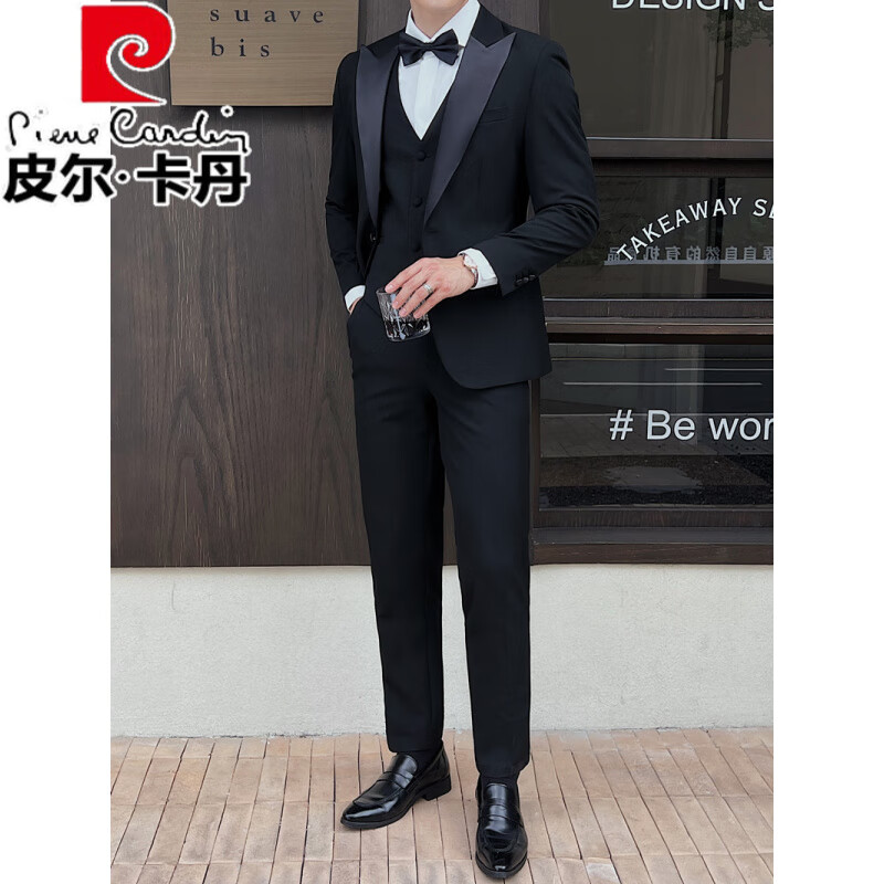 皮尔卡丹（pierre cardin）新郎结婚西装套装男宴会正装西服三件套戗驳领修身帅气塔士多礼服 戗驳领黑色(西装+马甲+裤子)送白 M