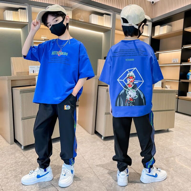 问梵童装男童夏装短袖套装2022新款儿童潮款九岁男孩夏天中大童休闲装