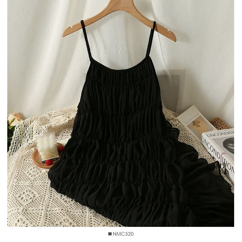 无袖吊袋淑女性感子三亚旅行穿搭仙女女夏季外搭海边度假 黑色吊带裙