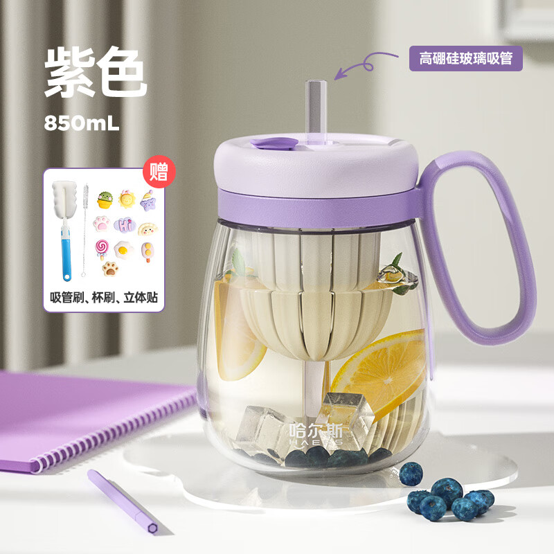 哈尔斯(haers)泡花茶水杯办公室喝水玻璃吸管杯子女大容量肚茶水分离