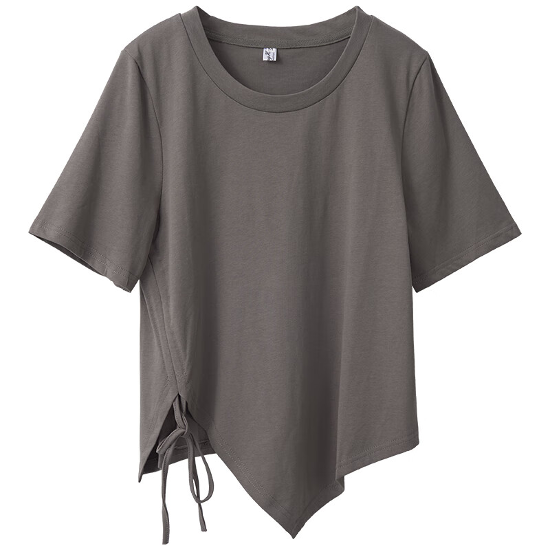 仙女锦大尺码女装遮肚子不规则灰色短袖t恤女春季胖妹妹宽松开叉别致