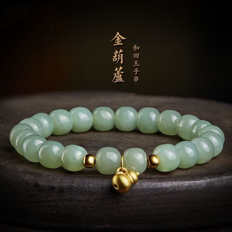 恋聚天然和田玉手链女老型珠桶珠小葫芦银古法金转运珠手串男 葫芦