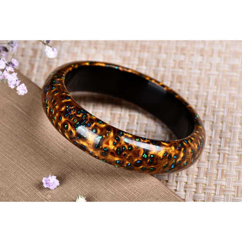 镶嵌欧珀中国风镯子非遗工艺文玩饰品 大漆玄金犀皮手镯圈口53